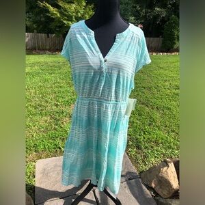 Sonoma Blue and White Midi Dress with Striped Pattern